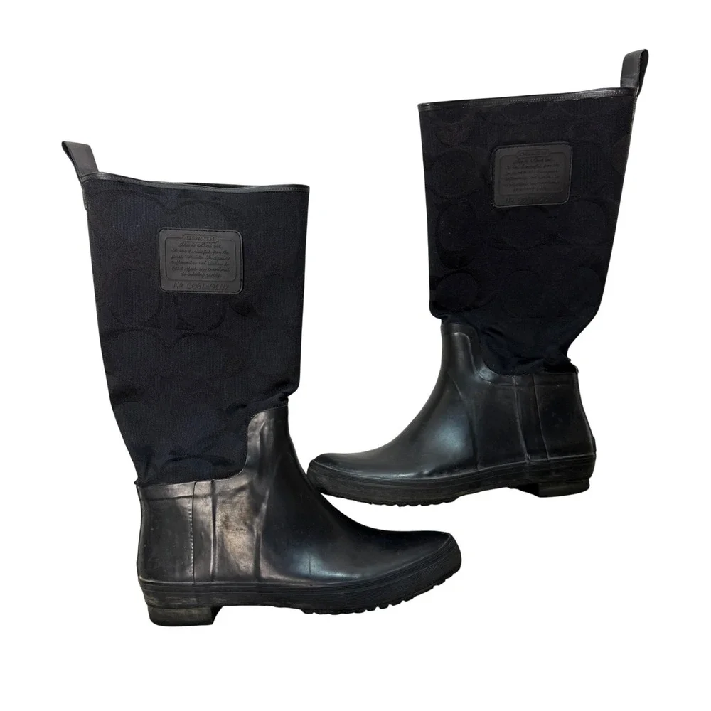 Coach‎ Signature C Monogram Black Rubber Tall Rain Boots Women's Size 9 - Picture 11 of 11